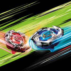 Zwei bunte Kreisel von Beyblade im Wettkampf, mit dynamischen Bewegungseffekten auf schwarzem Hintergrund. Die rote und die blaue Kreisel zeigen ihre Energie und Geschwindigkeit, perfekt für das Elbenwald Festival, das Nerd- und Gaming-Kultur feiert.