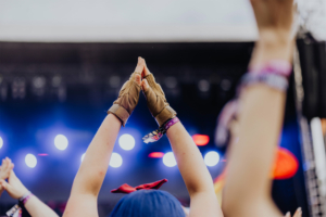 Hände, die in die Luft gehoben werden, vor einer beleuchteten Bühne beim Elbenwald Festival. Die Festivalbesucher zeigen ihre Begeisterung und Freude, während sie die Musik und die Atmosphäre des einzigartigen Events genießen.