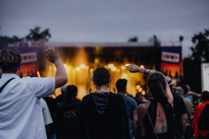 Festivalbesucher mit fantasievollen Kostümen, darunter eine Person mit Elfenohren und eine mit einem Umhang, genießen die Musik auf der Bühne beim Elbenwald Festival. Die Atmosphäre ist lebhaft und kreativ, umgeben von einer bunten Menge.