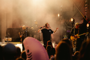 Bosse Ein Live-Auftritt auf dem Elbenwald Festival zeigt einen Sänger mit Mikrofon auf der Bühne, umgeben von Bandmitgliedern und einer begeisterten Menge. Die Atmosphäre ist lebhaft und von Nebel durchzogen, während das Publikum die Musik genießt.