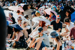 Bunt gekleidete Festivalbesucher sitzen auf dem Gras beim Elbenwald Festival, umgeben von Sonnenschirmen. Die Atmosphäre ist entspannt, während die Teilnehmer Musik genießen und sich unterhalten. Kreative Hüte und Kostüme prägen das Bild des Events.