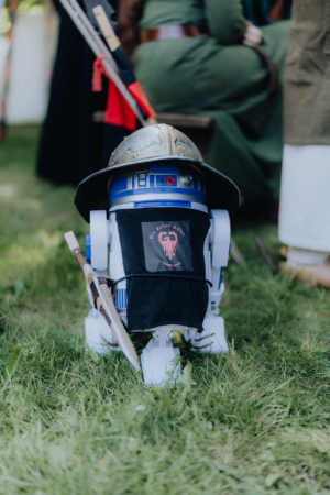 Die Roten Adler vs. 501st Ein R2-D2-Roboter mit einem Helm und einem schwarzen T-Shirt mit dem Aufdruck „Die roten Adler“ steht auf dem Elbenwald Festival. Im Hintergrund sind weitere Festivalbesucher in Kostümen zu sehen, die die nerdige Atmosphäre des Events unterstreichen.