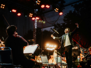 Elbenwald in Concert Ein Dirigent leitet ein Orchester auf der Bühne des Elbenwald Festivals, umgeben von bunten Lichtern und einer begeisterten Menge. Die Musiker spielen epische Melodien, die die Verbindung von Musik und Nerd-Kultur feiern.