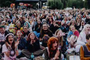 Eine begeisterte Menschenmenge beim Elbenwald Festival, bestehend aus Fans verschiedener Genres, die Musik genießen. Die Zuschauer, in bunten Outfits, klatschen und lachen, während sie die Atmosphäre des Festivals erleben.