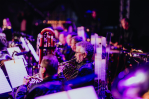 Elbenwald in Concert Musiker des Orchesters spielen während des Elbenwald Festivals. Die Bühne ist in sanftes Licht getaucht, während verschiedene Instrumente und Notenblätter sichtbar sind. Die Atmosphäre verbindet Musik und Nerdkultur in einem einzigartigen Erlebnis.