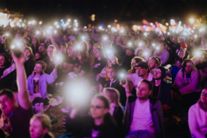 Eine große Menschenmenge beim Elbenwald Festival, die mit leuchtenden Handys in die Luft zeigt. Die Atmosphäre ist lebhaft und festlich, während Fans in nerdigen Outfits die Musik und das Gemeinschaftsgefühl genießen.