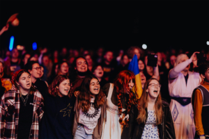 Bunt gekleidete Festivalbesucher singen und tanzen begeistert auf dem Elbenwald Festival. Die Menge jubelt, während sie die Musik genießen, umgeben von einer lebhaften Atmosphäre voller Freude und Gemeinschaft.