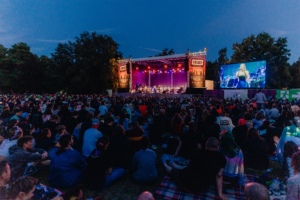 Elbenwald in Concert Blick auf die Bühne des Elbenwald Festivals bei Abenddämmerung, mit einer großen Menschenmenge, die ein Live-Konzert genießt. Bunte Lichter und eine große Leinwand zeigen die Performerin, während das Publikum gespannt lauscht.