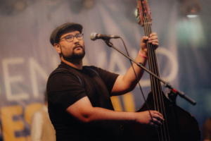 Mardi Musiker mit Kontrabass auf der Bühne des Elbenwald Festivals, umgeben von bunten Lichtern und einer festlichen Atmosphäre. Er trägt eine Mütze und Brille, während er in ein Mikrofon singt. Die Energie des Festivals ist spürbar.