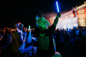 Nerds at Raves live Zwei Personen in Einhornkostümen feiern beim Elbenwald Festival, umgeben von einer lebhaften Menge. Bunte Lichtstäbe leuchten in der Nacht, während die Bühne im Hintergrund mit Lichtern erstrahlt. Die Atmosphäre ist energiegeladen und festlich.