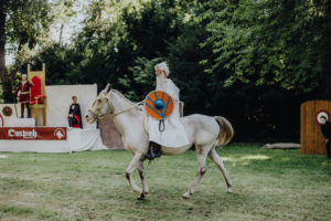 Ompah Kunstreitshow Ein älterer Mann in weißem Gewand reitet auf einem weißen Pferd und hält ein buntes Schild. Im Hintergrund stehen verkleidete Darsteller auf einer Bühne, umgeben von Bäumen, während das Elbenwald Festival eine lebendige Atmosphäre schafft.