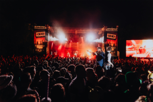 Versengold Menschenmenge bei Nacht auf dem Elbenwald Festival, mit einer Bühne im Hintergrund, auf der eine Band auftritt. Die Atmosphäre ist lebhaft, mit bunten Lichtern und jubelnden Fans, die die Musik genießen und feiern.