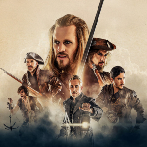 Fünf Charaktere in historischer Piratenkleidung posieren dramatisch vor einem nebligen Hintergrund. Die Szene strahlt Abenteuer und Fantasie aus, ideal für das Elbenwald Festival, das Musik und Nerd-Kultur vereint.