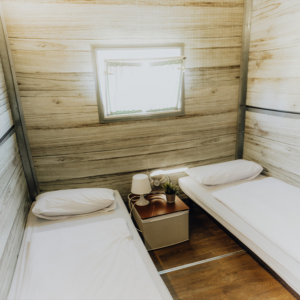 Gemütlicher Schlafbereich im Elbenwald Festival mit zwei Einzelbetten, einer Nachttischlampe und einem kleinen Pflanzenarrangement. Helle Holzwände und ein Fenster sorgen für eine freundliche Atmosphäre. Ideal für Festivalbesucher zur Erholung.